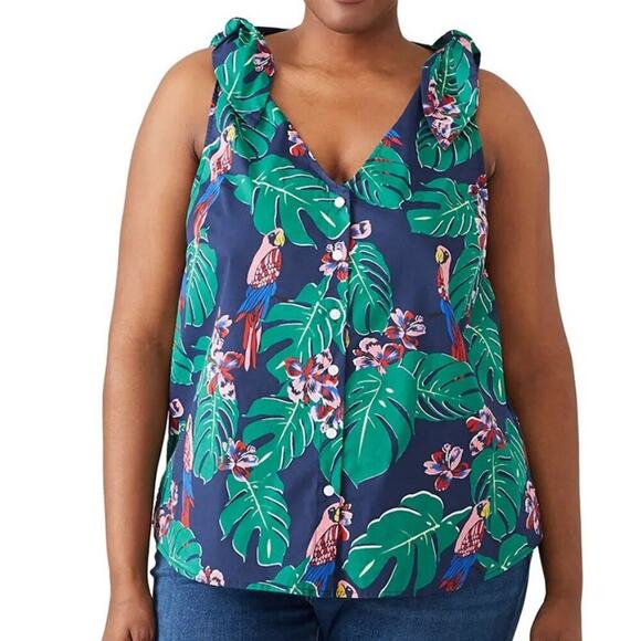 Draper James X ELOQUII Cotton Button-Down Top Sleeveless Parrots Tropical 18 NWT - Picture 2 of 12